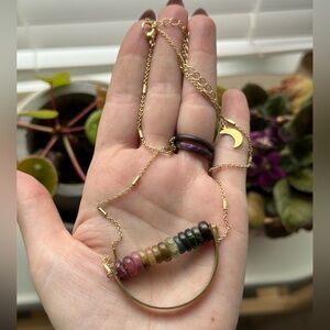 Multicolor Tourmaline Beaded Necklace brass and adjustable 16-19”